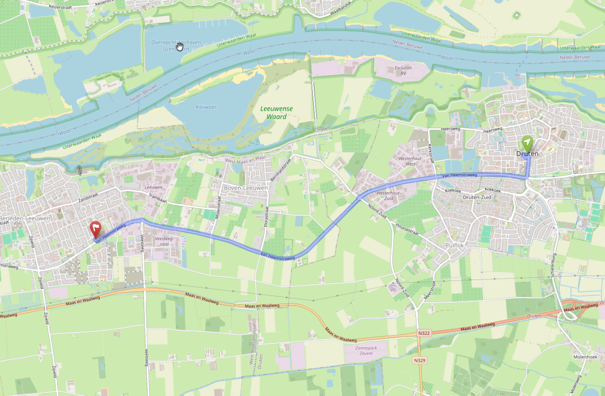 Kaart met route van Druten naar Praktijk de Libelle