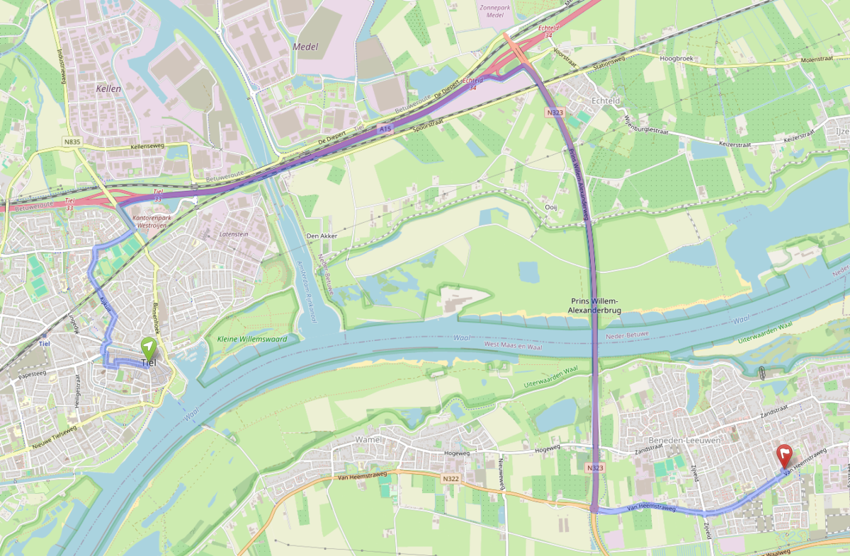 Kaart met route van Tiel naar Praktijk de Libelle
