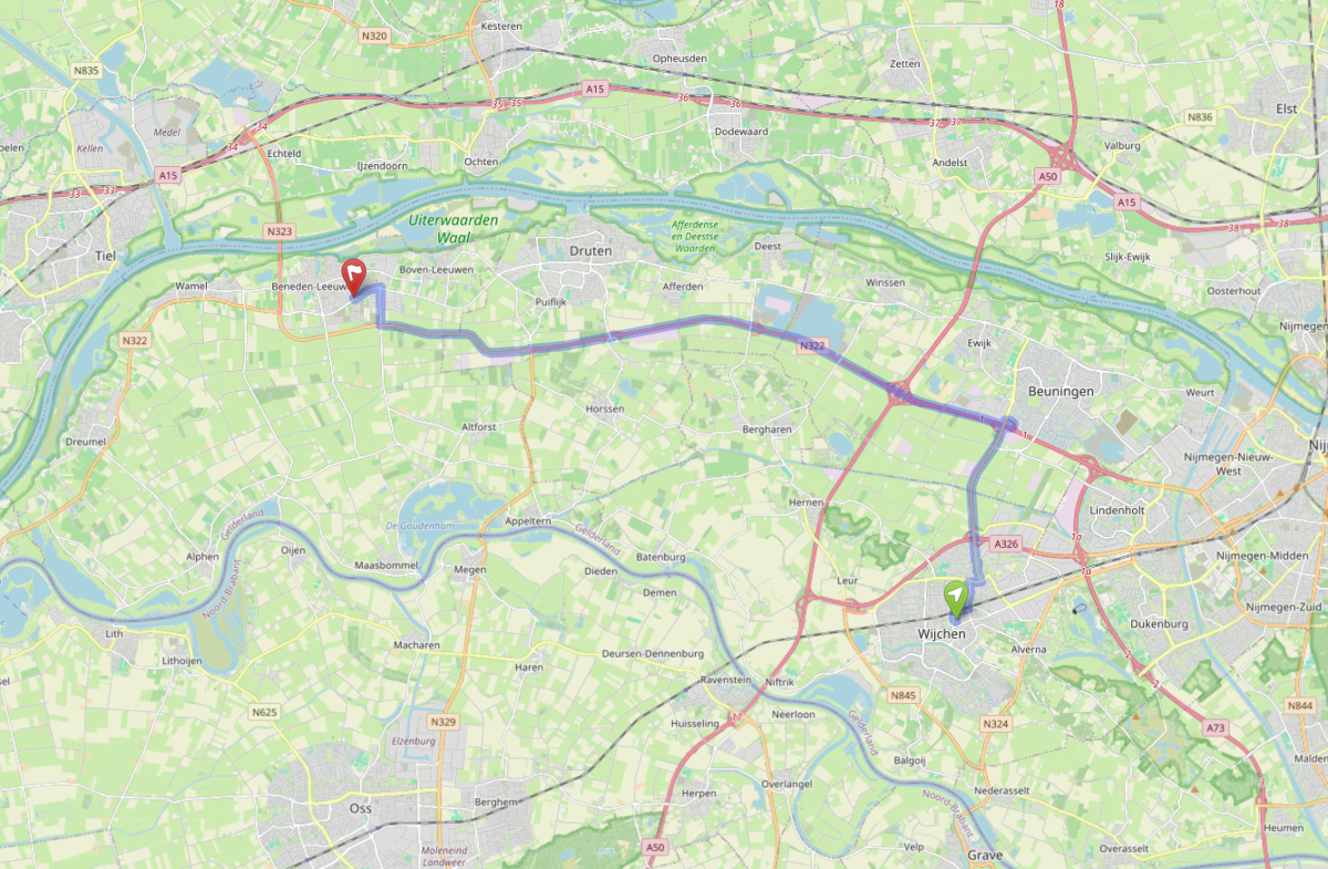 Kaart met route van Wijchen naar Praktijk de Libelle